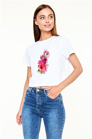 Çiçek Beyaz Croptop Tişört