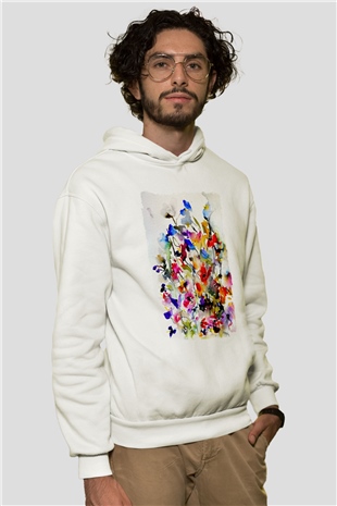 Çiçek Beyaz Unisex Hoodie