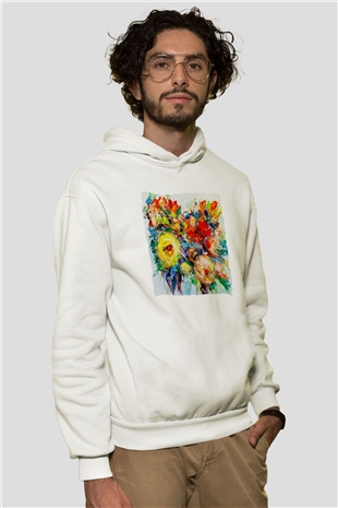 Çiçek Beyaz Unisex Hoodie