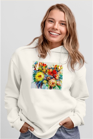 Çiçek Beyaz Unisex Hoodie
