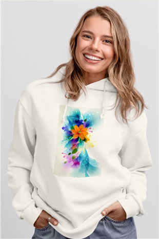 Çiçek Beyaz Unisex Hoodie