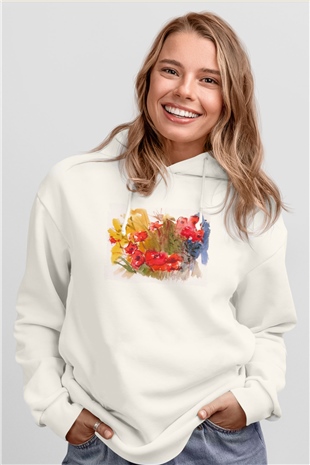 Çiçek Beyaz Unisex Hoodie
