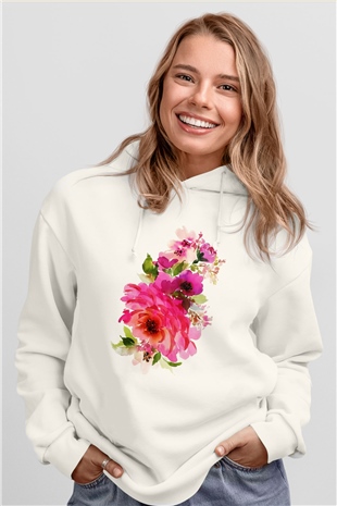 Çiçek Beyaz Unisex Kapşonlu Sweatshirt