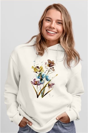 Çiçek Beyaz Unisex Kapşonlu Sweatshirt