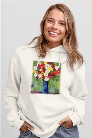 Çiçek Beyaz Unisex Kapşonlu Sweatshirt