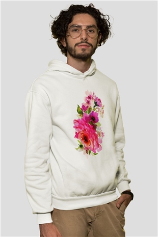 Çiçek Beyaz Unisex Kapşonlu Sweatshirt