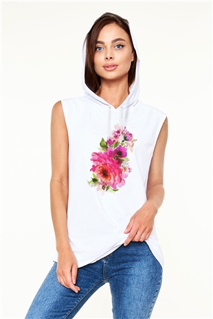 Çiçek Beyaz Unisex Kapüşonlu Kolsuz Tişört