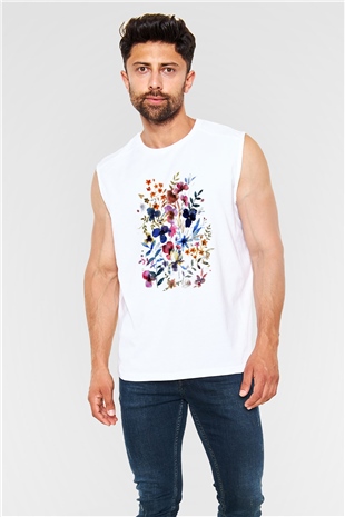 Çiçek Beyaz Unisex Kolsuz Tişört