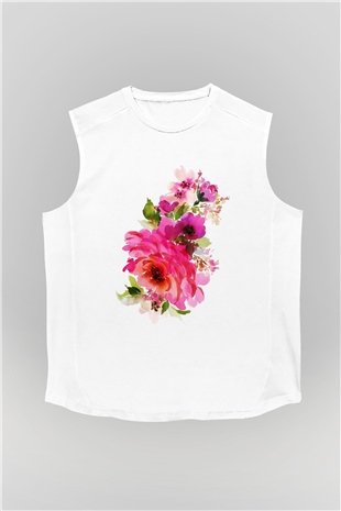 Çiçek Beyaz Unisex Kolsuz Tişört