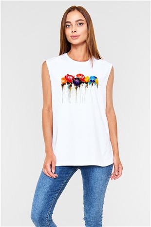 Çiçek Beyaz Unisex Kolsuz Tişört
