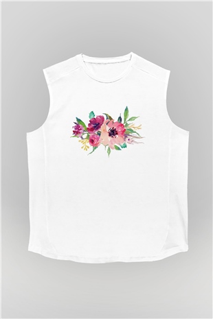 Çiçek Beyaz Unisex Kolsuz Tişört