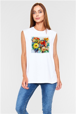Çiçek Beyaz Unisex Kolsuz Tişört