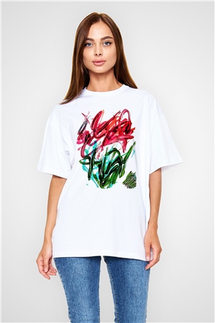 Çiçek Beyaz Unisex Oversize Tişört T-Shirt