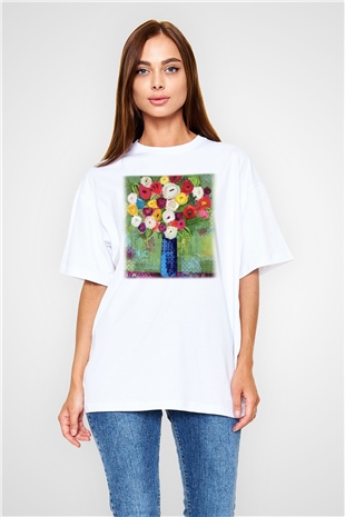Çiçek Beyaz Unisex Oversize Tişört T-Shirt