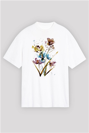 Çiçek Beyaz Unisex Oversize Tişört T-Shirt