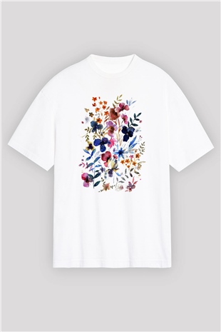 Çiçek Beyaz Unisex Oversize Tişört T-Shirt