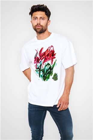 Çiçek Beyaz Unisex Oversize Tişört T-Shirt