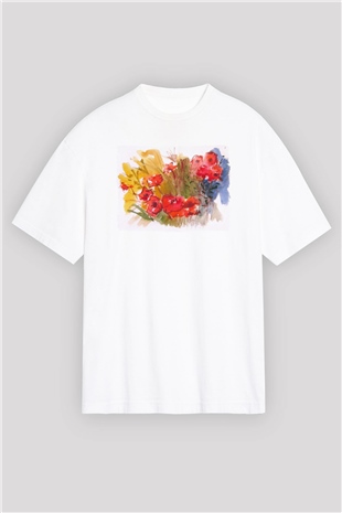 Çiçek Beyaz Oversize Tişört Oversize T-shirt - TişörtFabrikası