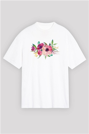 Çiçek Beyaz Oversize Tişört Oversize T-shirt - TişörtFabrikası