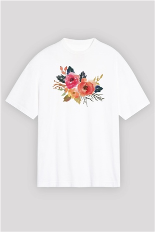 Çiçek Beyaz Oversize Tişört Oversize T-shirt - TişörtFabrikası