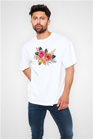 Çiçek Beyaz Oversize Tişört Oversize T-shirt - TişörtFabrikası