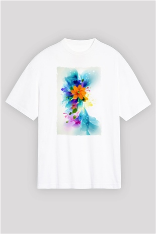 Çiçek Beyaz Oversize Tişört Oversize T-shirt - TişörtFabrikası