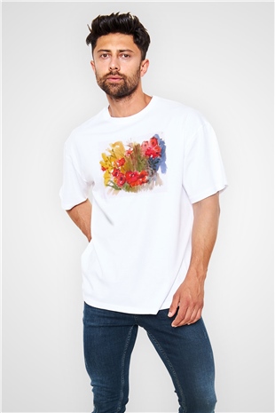 Çiçek Beyaz Oversize Tişört Oversize T-shirt - TişörtFabrikası