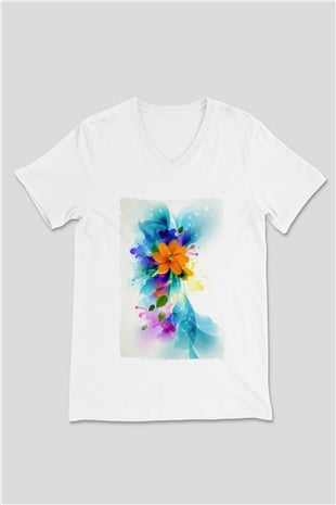 Çiçek Beyaz Unisex V Yaka Tişört