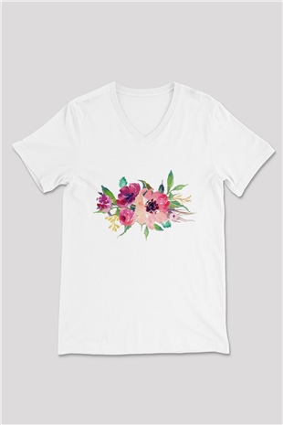 Çiçek Beyaz Unisex V Yaka Tişört