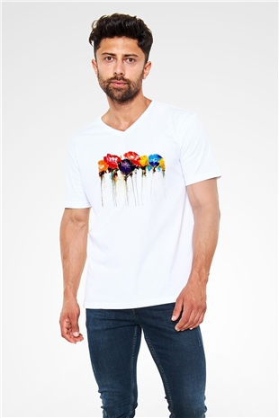 Çiçek Beyaz Unisex V Yaka Tişört