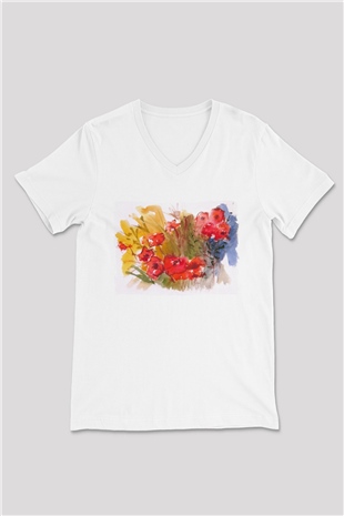 Çiçek Beyaz Unisex V Yaka Tişört