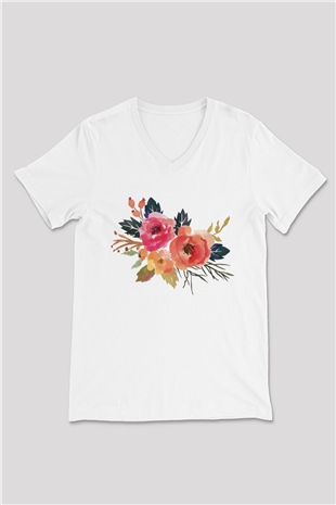 Çiçek Beyaz Unisex V Yaka Tişört