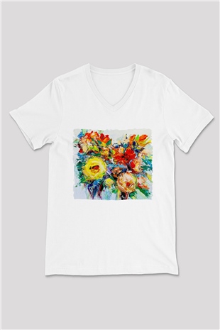 Çiçek Beyaz Unisex V Yaka Tişört