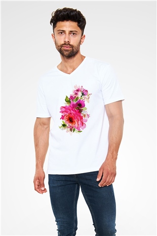 Çiçek Beyaz Unisex V Yaka Tişört T-Shirt