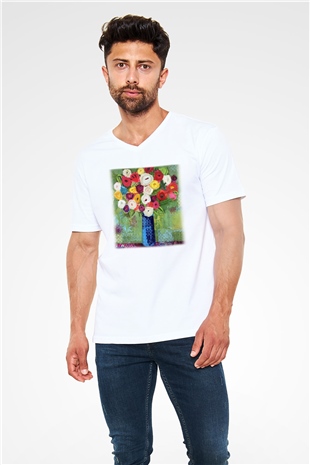 Çiçek Beyaz Unisex V Yaka Tişört T-Shirt