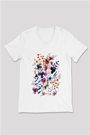 Çiçek Beyaz Unisex V Yaka Tişört T-Shirt