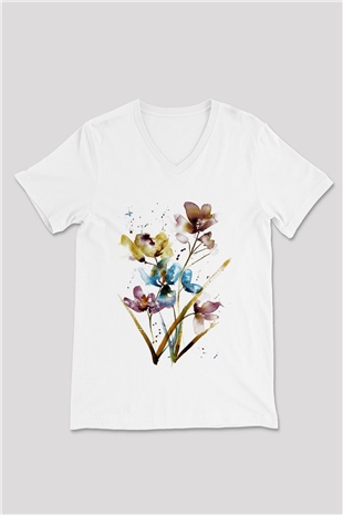 Çiçek Beyaz Unisex V Yaka Tişört T-Shirt