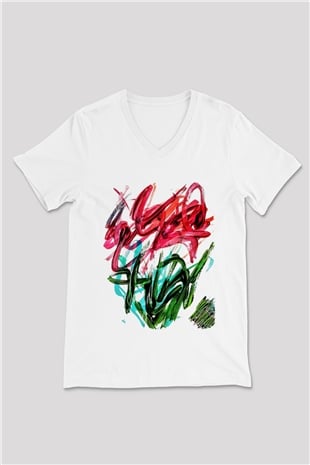Çiçek Beyaz Unisex V Yaka Tişört T-Shirt