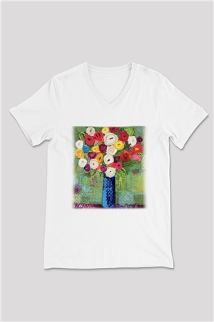 Çiçek Beyaz Unisex V Yaka Tişört T-Shirt