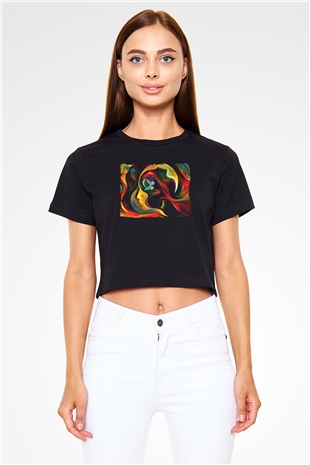 Çiçek Siyah  Crop Top Tişört