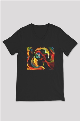 Çiçek Siyah Unisex V Yaka Tişört
