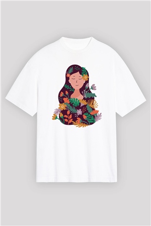 Çiçekçi Beyaz Oversize Tişört Oversize T-shirt - TişörtFabrikası