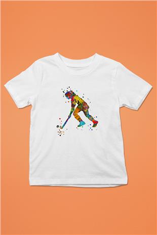 Çim Hokeyi Baskılı Unisex Beyaz Çocuk Tişört - Tshirt