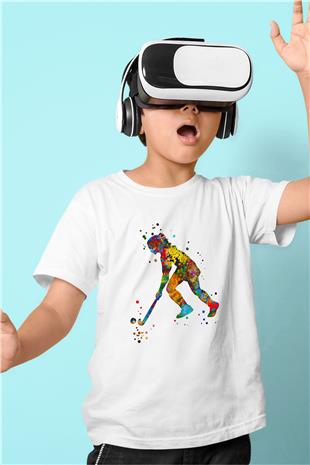 Çim Hokeyi Baskılı Unisex Beyaz Çocuk Tişört - Tshirt