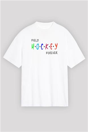 Çim Hokeyi Baskılı Unisex Beyaz Oversize Tişört - Tshirt