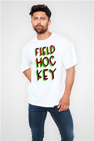 Çim Hokeyi Baskılı Unisex Beyaz Oversize Tişört - Tshirt