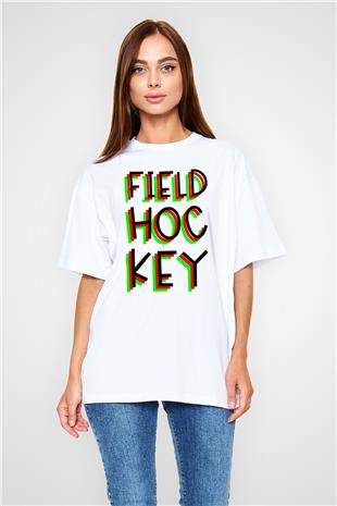 Çim Hokeyi Baskılı Unisex Beyaz Oversize Tişört - Tshirt