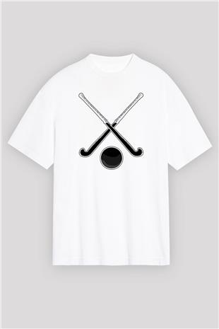 Çim Hokeyi Baskılı Unisex Beyaz Oversize Tişört - Tshirt