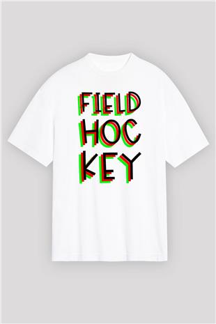 Çim Hokeyi Baskılı Unisex Beyaz Oversize Tişört - Tshirt