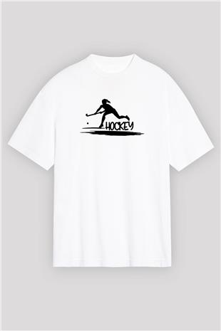 Çim Hokeyi Baskılı Unisex Beyaz Oversize Tişört - Tshirt
